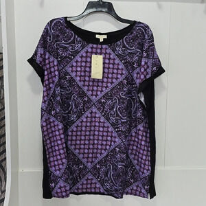 Laura-Mixed Media Short Sleeve  Side Slit Blouse